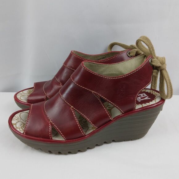 Fly London YOWN Dark Red Wedge Peep Toe Sandals Lace Up  Womens Size 38 US 7.5 8 - Picture 6 of 16
